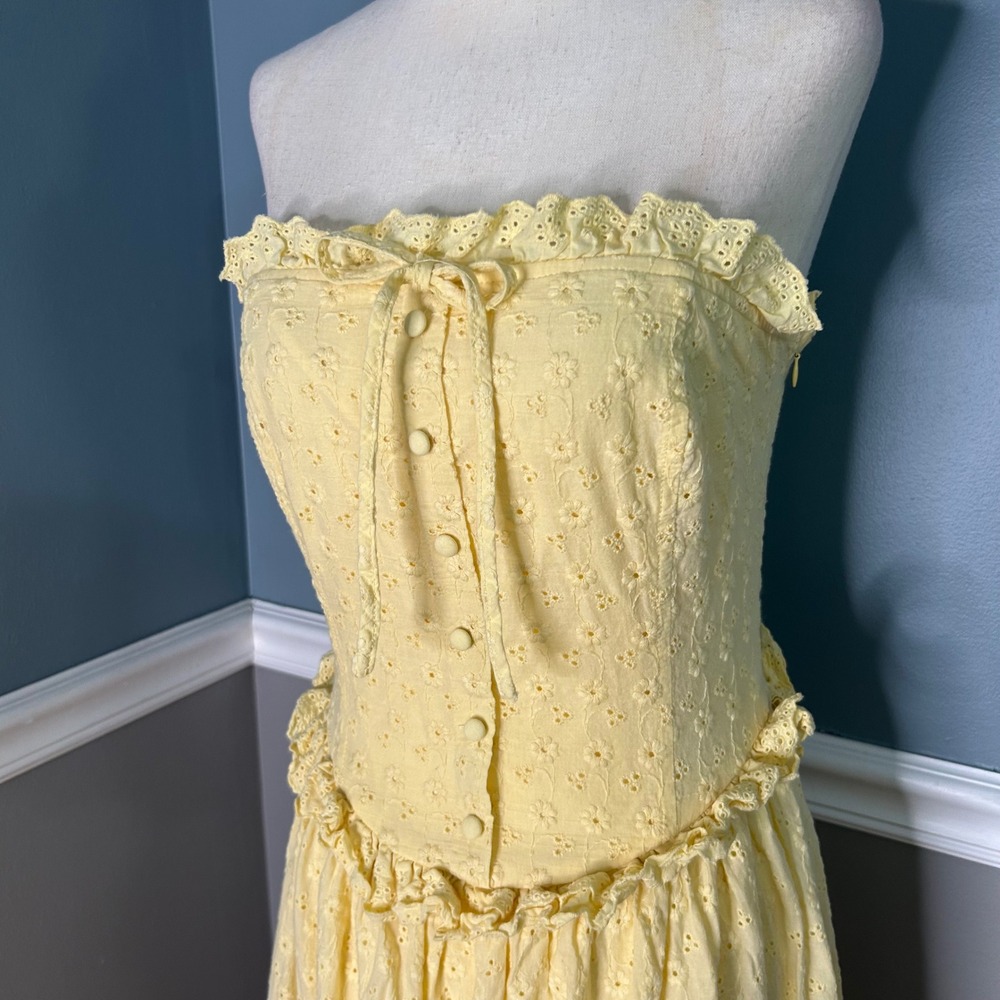 Altar'd State Yellow Eyelet Strapless Maxi Dress Smocked Ruffle ASWD-261-009 L - Picture 2 of 11